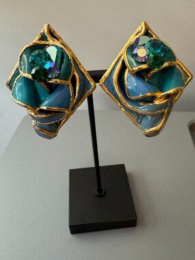 VTG Signed  1988 Amy Lacombe Sculptural Clay Statement Earrings Blue Green Gol‎d